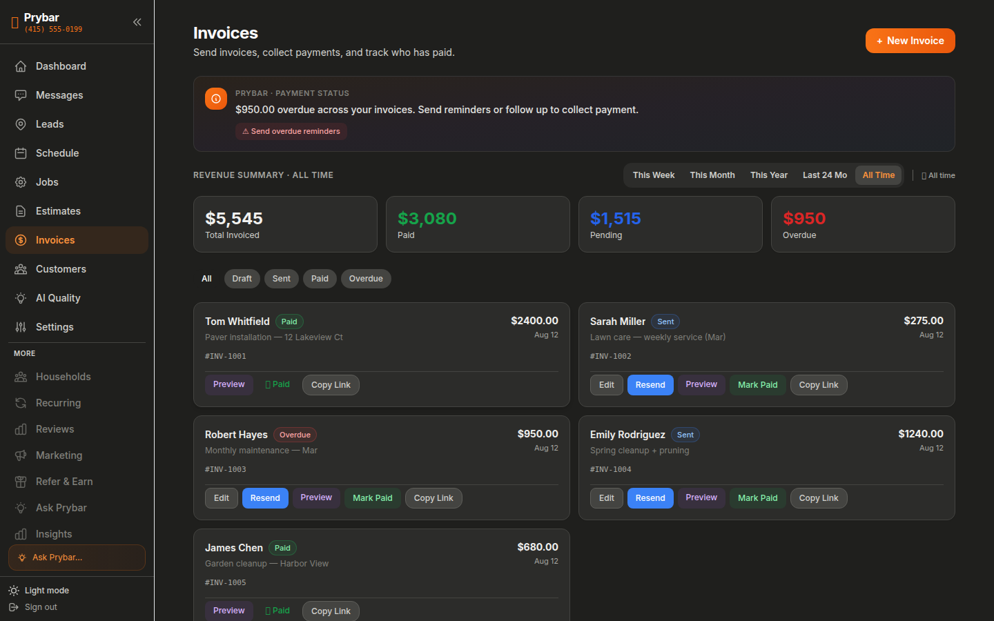Prybar invoices — real app screenshot