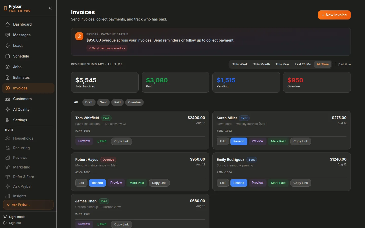 Prybar invoices — real app screenshot