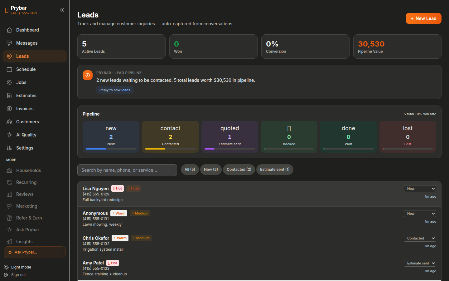 Prybar leads — real app screenshot