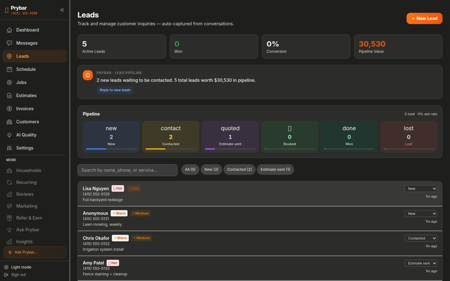 Prybar leads — real app screenshot